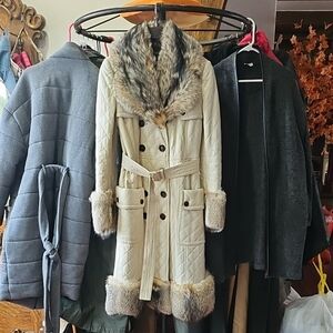 Burberry Cream Fur-Trimmed Trench Coat